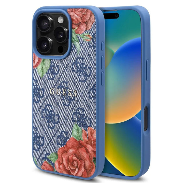 Husa de protectie Guess Hardcase 4G Flower Print MagSafe (GUHMP16LP4ROPEMCB) compatibil cu iPhone 16 Pro, Albastru
