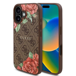 Husa de protectie Guess Hardcase 4G Flower Print MagSafe (GUHMP16SP4ROPEMCW) compatibil cu iPhone 16, Maro