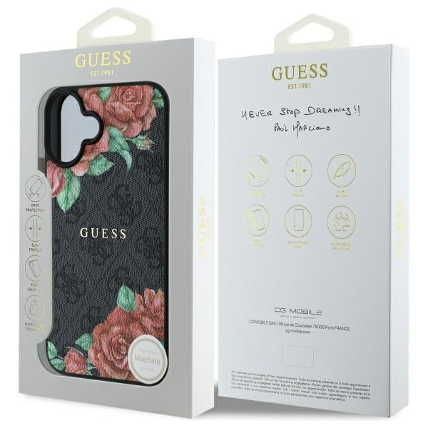 Husa de protectie Guess Hardcase 4G Flower Print MagSafe (GUHMP16SP4ROPEMCK) compatibil cu iPhone 16, Negru
