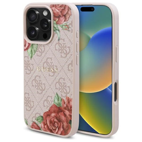 Husa de protectie Guess Hardcase 4G Flower Print MagSafe (GUHMP16LP4ROPEMCP) compatibil cu iPhone 16 Pro, Roz