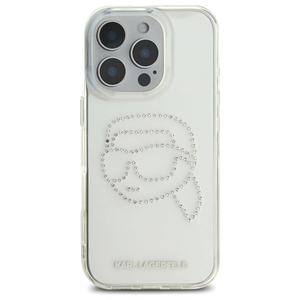 Husa de protectie Karl Lagerfeld IML Rhinestones (KLHCP16XHKHDCELT) compatibil cu iPhone 16 Pro Max, Transparent Karl Head