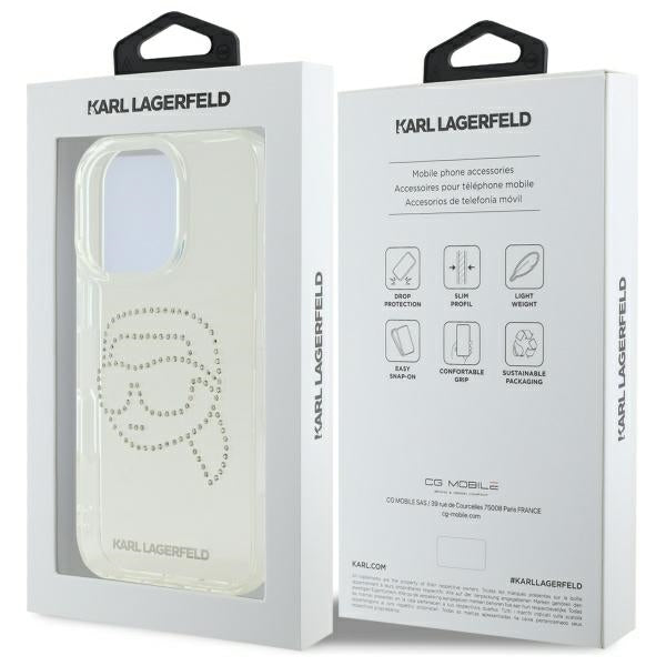 Husa de protectie Karl Lagerfeld IML Rhinestones (KLHCP16XHKHDCELT) compatibil cu iPhone 16 Pro Max, Transparent Karl Head