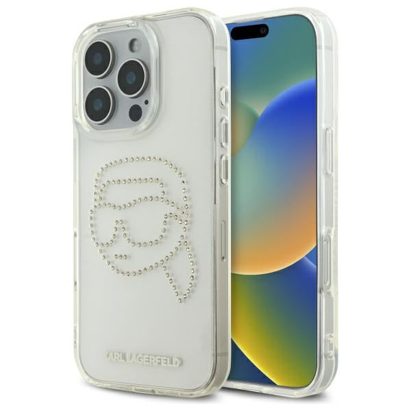 Husa de protectie Karl Lagerfeld IML Rhinestones (KLHCP16XHKHDCELT) compatibil cu iPhone 16 Pro Max, Transparent Karl Head