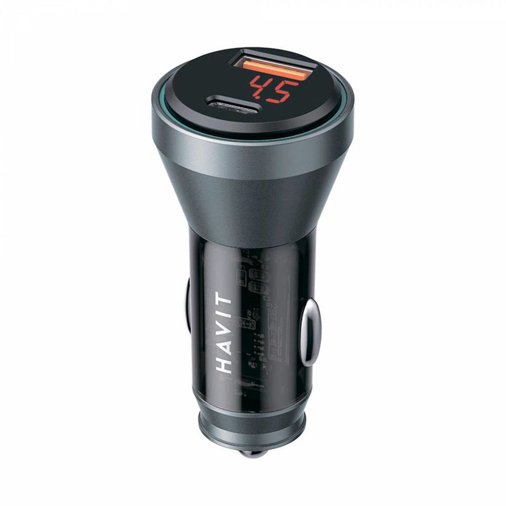 Incarcator Havit Car (CC2017), Type-C, USB, 45W, 3A, Visible Internal Structural Design, Negru / Blue