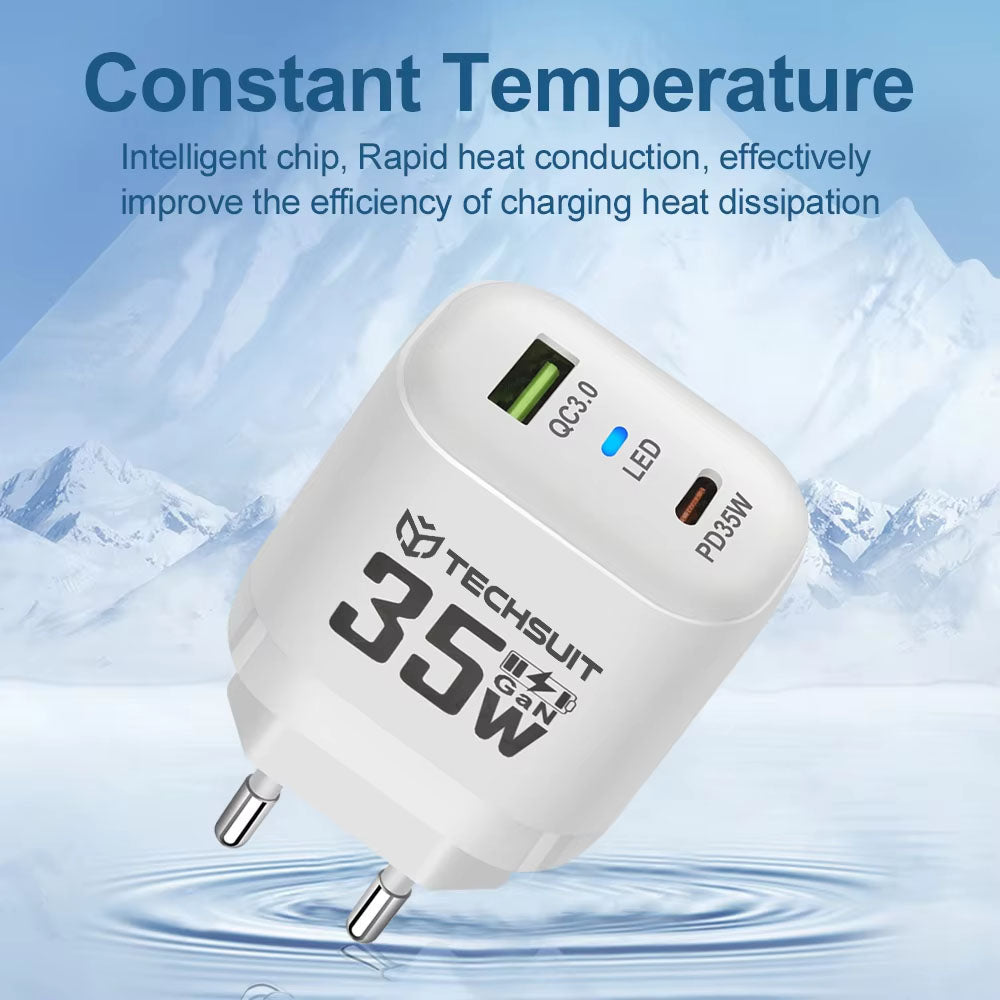 Incarcator Techsuit Premium (CHPD174), GaN, USB QC3.0, Type-C PD35W, Alb