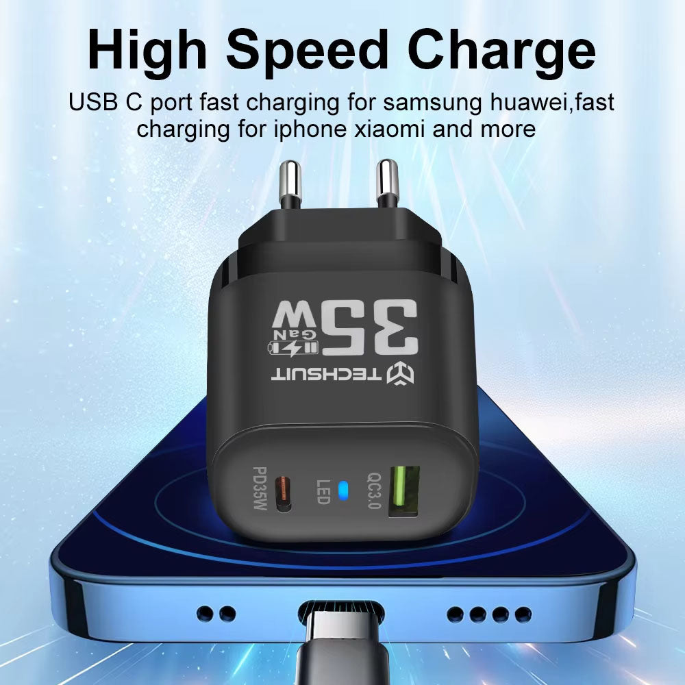 Incarcator Techsuit Premium (CHPD174), GaN, USB QC3.0, Type-C PD35W, Alb