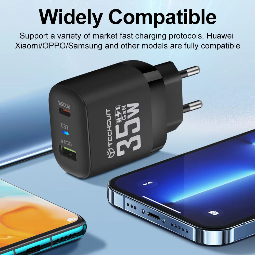 Incarcator Techsuit Premium (CHPD174), GaN, USB QC3.0, Type-C PD35W, Negru