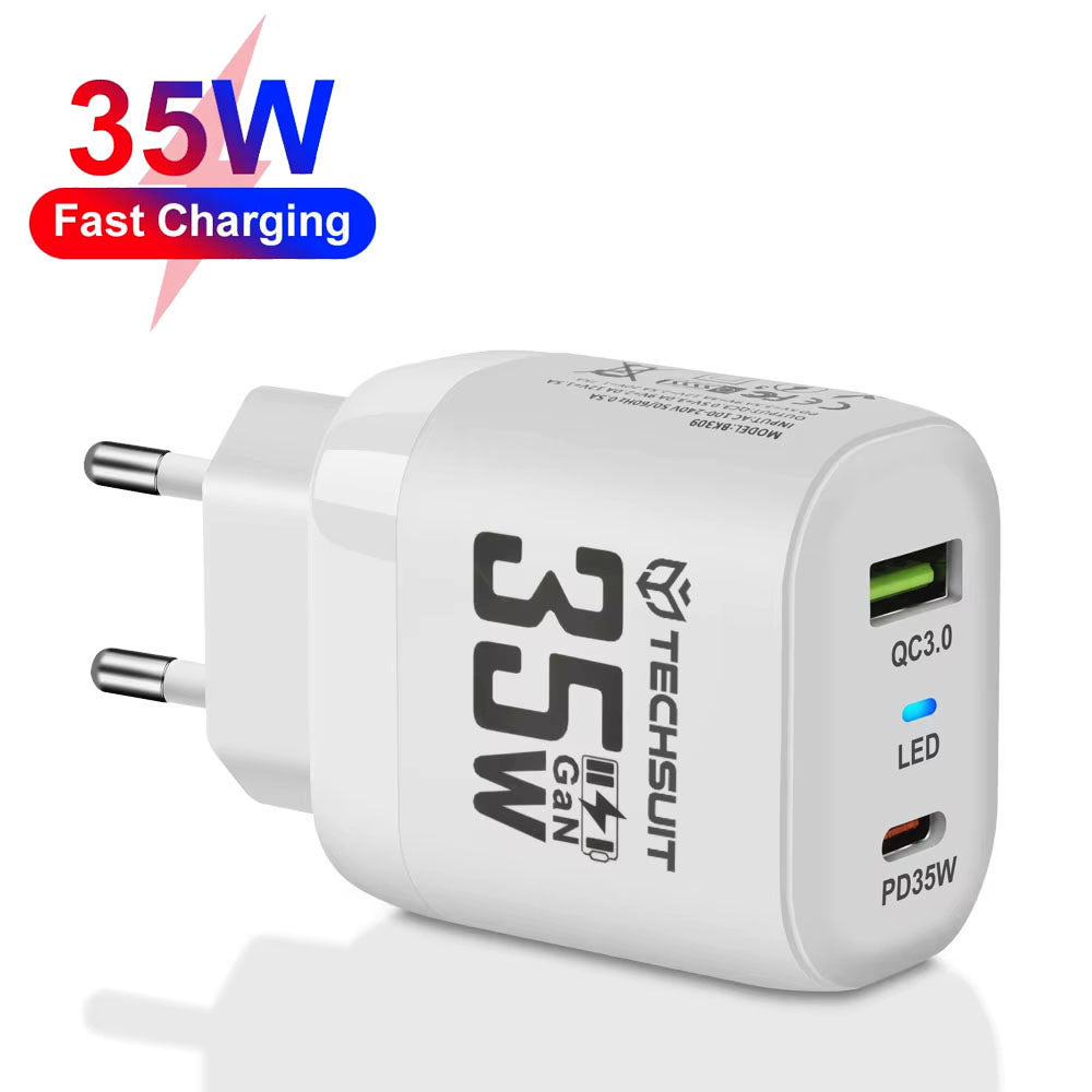 Incarcator Techsuit Premium (CHPD174), GaN, USB QC3.0, Type-C PD35W, Alb