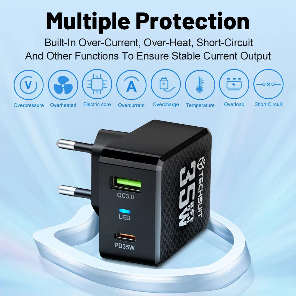 Incarcator Techsuit Premium Tiny Series (CHPD173), GaN, USB, Type-C, Fast Charge, PD35W, Alb