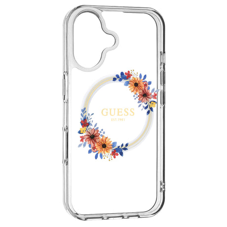 Husa de protectie Guess IML Flowers Wreath MagSafe (GUHMP16MHFWFCT) compatibil cu iPhone 16 Plus, Transparent