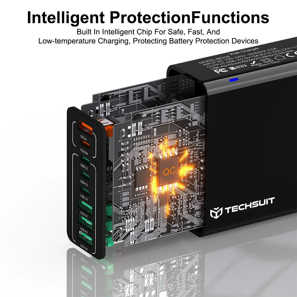 Incarcator Techsuit (CHPD224), 4 x USB, 4 X Type-C, Fast Charging, 65W, Negru