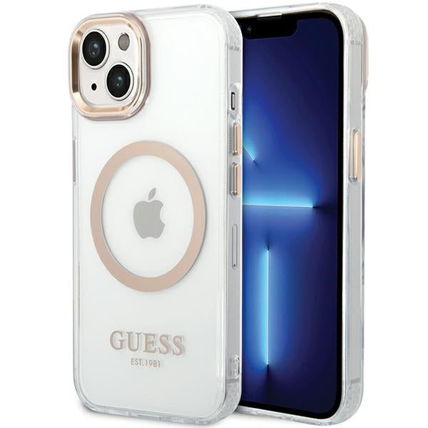 Husa de protectie Guess Metal Outline MagSafe (GUHMP15MHTRMD) compatibil cu iPhone 15 Plus, Auriu