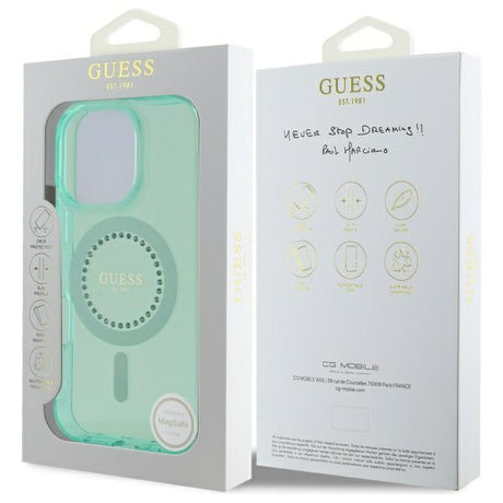 Husa de protectie Guess IML Rhinestones MagSafe (GUHMP16LPFTDTEN) compatibil cu iPhone 16 Pro, Verde