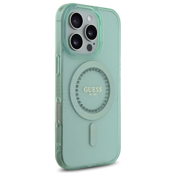 Husa de protectie Guess IML Rhinestones MagSafe (GUHMP16LPFTDTEN) compatibil cu iPhone 16 Pro, Verde