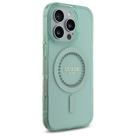 Husa de protectie Guess IML Rhinestones MagSafe (GUHMP16LPFTDTEN) compatibil cu iPhone 16 Pro, Verde