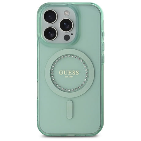 Husa de protectie Guess IML Rhinestones MagSafe (GUHMP16LPFTDTEN) compatibil cu iPhone 16 Pro, Verde