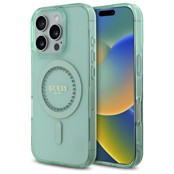 Husa de protectie Guess IML Rhinestones MagSafe (GUHMP16LPFTDTEN) compatibil cu iPhone 16 Pro, Verde