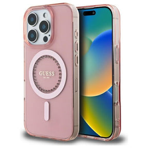 Husa de protectie Guess IML Rhinestones MagSafe (GUHMP16LPFTDTEP) compatibil cu iPhone 16 Pro, Roz