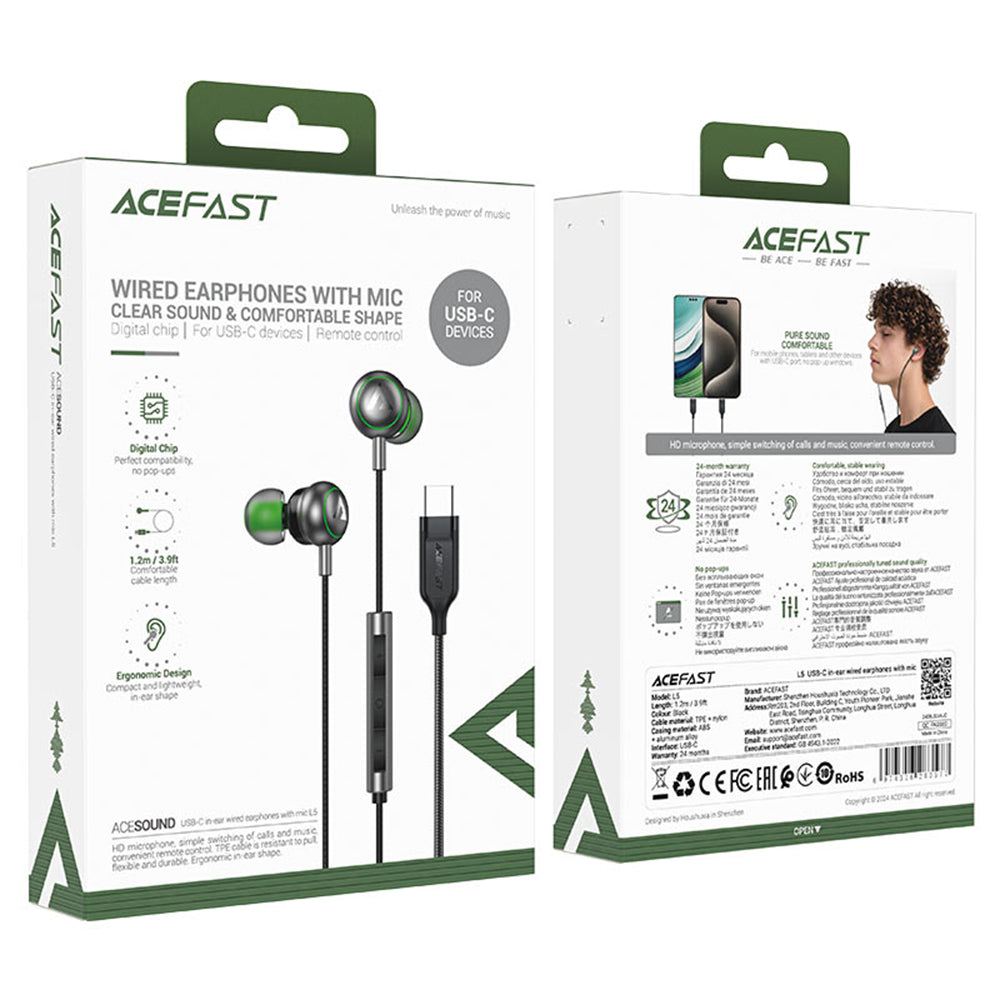 Casti Acefast Wired earphones (L5), Type-C, In-ear, with Microphone, 1.2m, Negru