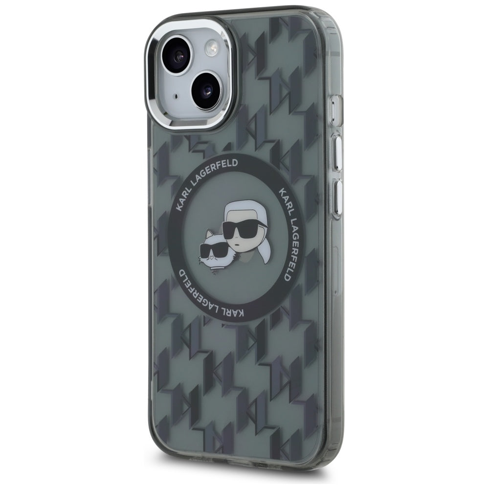Husa de protectie Karl Lagerfeld IML MagSafe (KLHMP15MHMCKMHK) compatibil cu iPhone 15 Plus, Negru Monogram Karl&Choupette Head