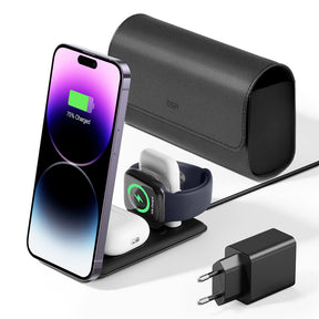 Incarcator ESR Premium 3in1 Travel Wireless Charging Set (2C569), with Bag Accessories, for iPhone, MFi Apple Watch, AirPods, Qi2 15W, Negru