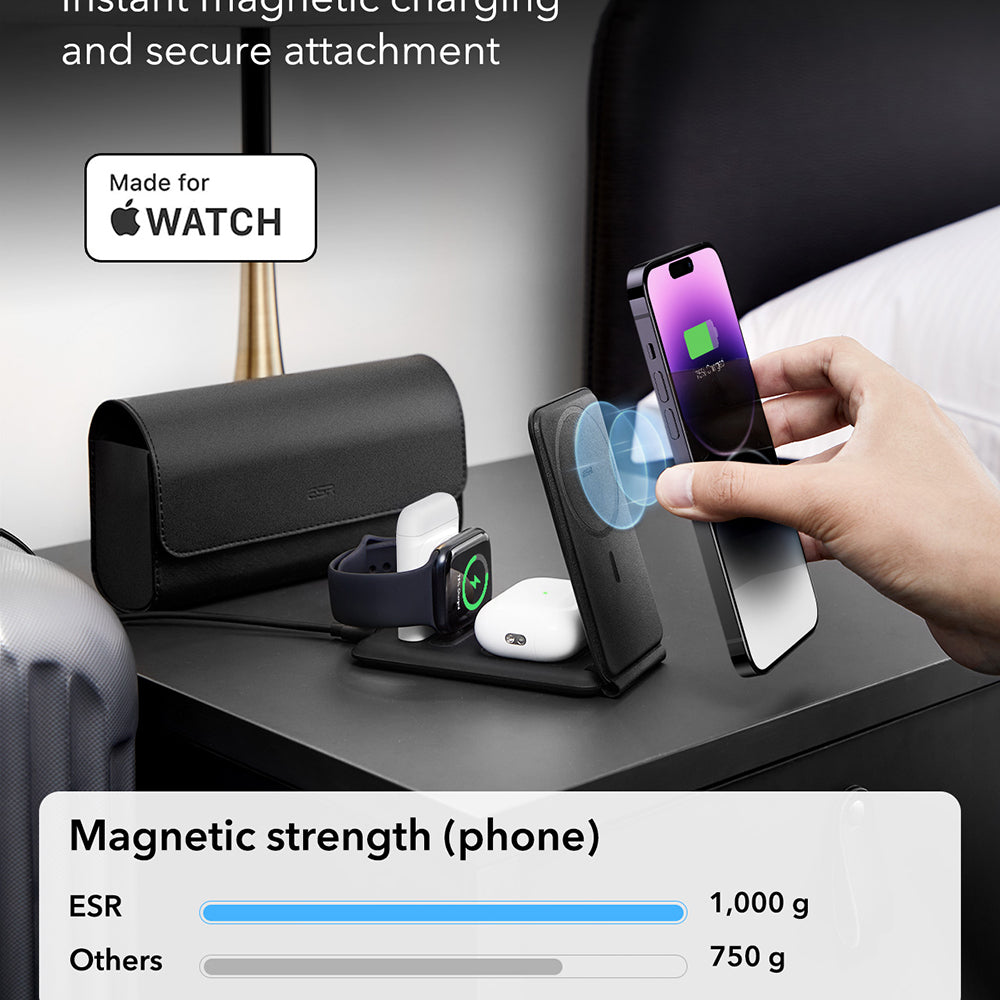 Incarcator ESR Premium 3in1 Travel Wireless Charging Set (2C569), with Bag Accessories, for iPhone, MFi Apple Watch, AirPods, Qi2 15W, Negru