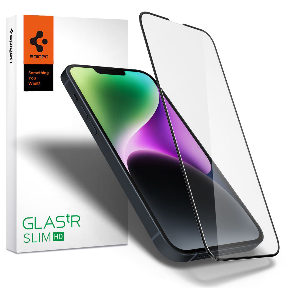 Folie de protectie Spigen Glas.tR Slim (AGL03392) compatibil cu iPhone 13 / iPhone 13 Pro / iPhone 14 / iPhone 16e / iPhone 17e, Negru