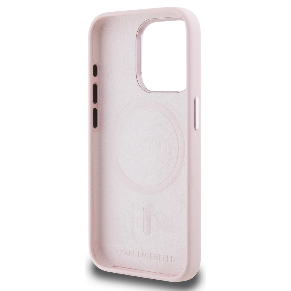 Husa de protectie Karl Lagerfeld Silicone MagSafe (KLHMP15LSCMKMPCP) compatibil cu iPhone 15 Pro, Roz Shadow Metal Initial