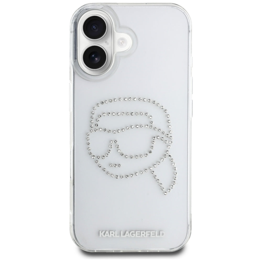 Husa de protectie Karl Lagerfeld IML Rhinestones (KLHCP16SHKHDCELT) compatibil cu iPhone 16, Karl Head Transparent