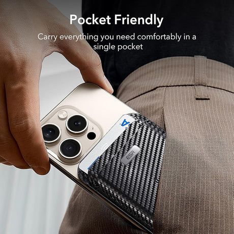 Suport ESR Premium Wallet Classic Geo MagSafe (2K64403), Smart 4 Cards Storage, Made from Artificial Leather, Negru Carbon Fiber