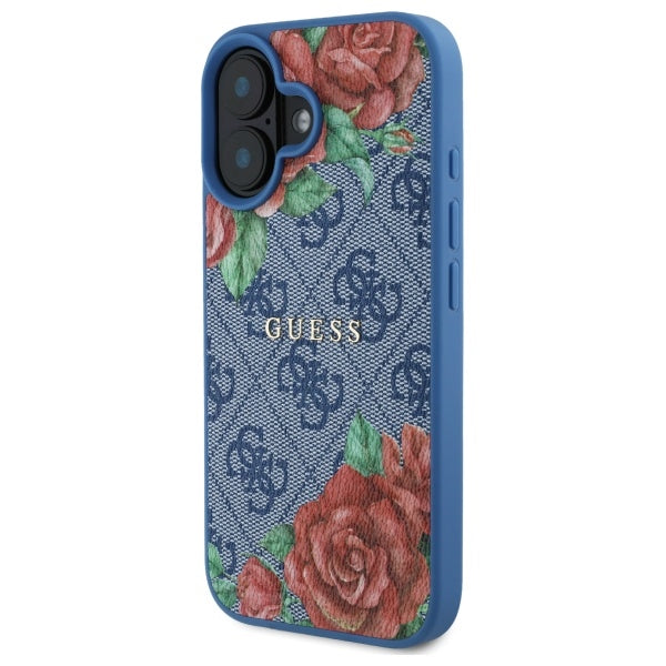 Husa de protectie Guess Hardcase 4G Flower Print MagSafe (GUHMP16SP4ROPEMCB) compatibil cu iPhone 16, Albastru