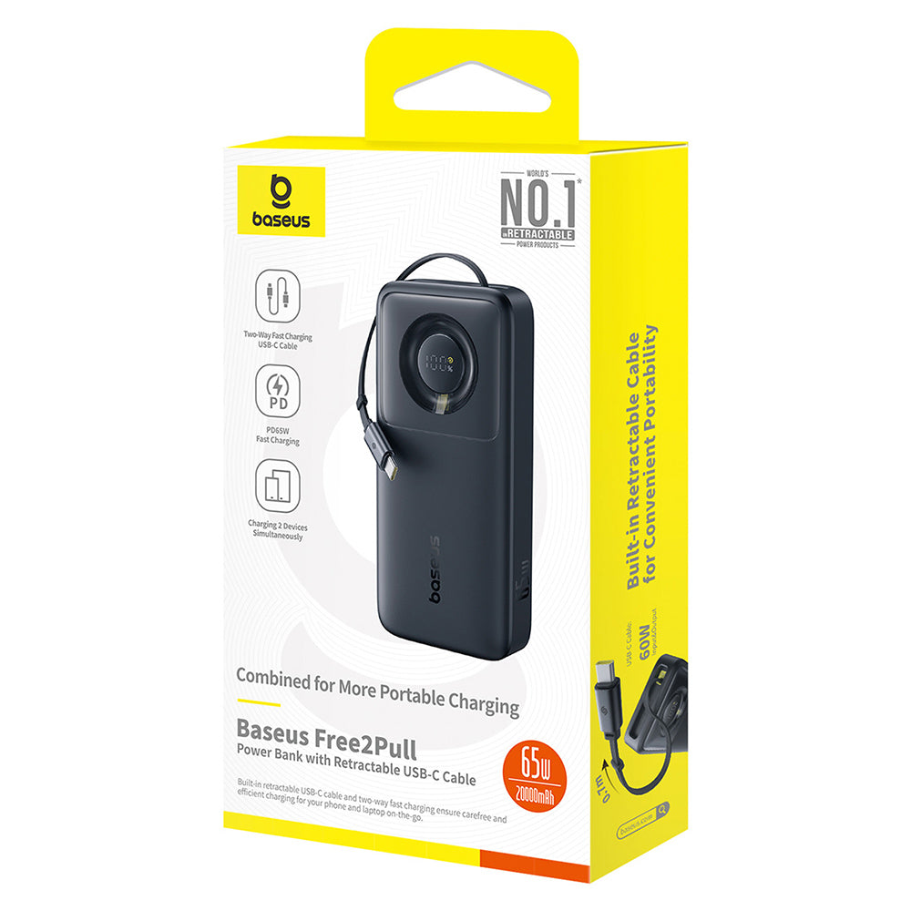 Baterie externa Baseus Free2Pull (P10073700123-00), with Retractable USB-C Cable, Type-C, Display, 20000mAh, 65W, 0.7m, Negru