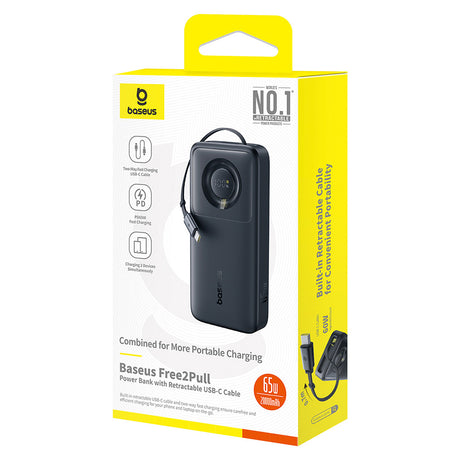 Baterie externa Baseus Free2Pull (P10073700123-00), with Retractable USB-C Cable, Type-C, Display, 20000mAh, 65W, 0.7m, Negru