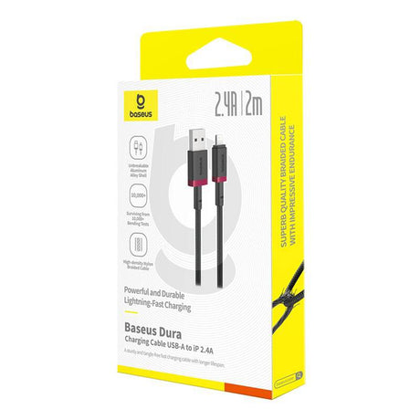 Cablu Baseus Dura Series (P10377801U01-03), USB to Lightning, Fast Charging, 2.4A, 480Mbps, Nylon, 2m, Rosu / Black