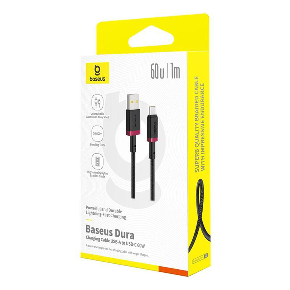 Cablu Baseus Dura Series (P10377802U01-03), USB to Type-C, Fast Charging, 60W, 480Mbps, Naylon, 2m, Rosu / Black