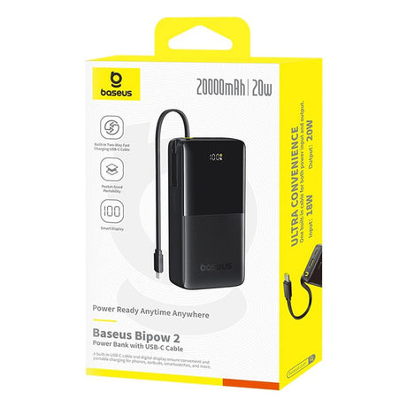 Baterie externa Baseus Bipow 2 (P10077101113-01), with Built-in USB-C Cable, Type-C, USB, Smart Display, 20000mAh, 20W, Negru
