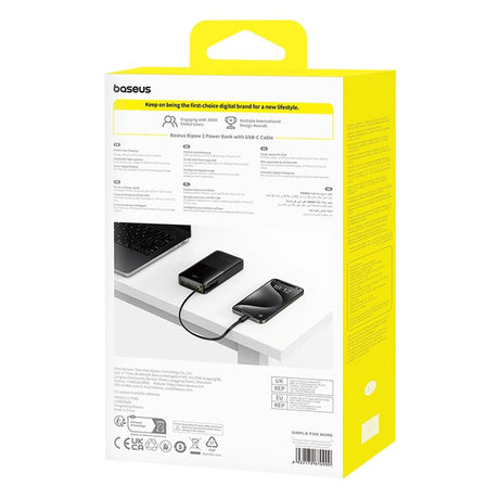 Baterie externa Baseus Bipow 2 (P10077101113-01), with Built-in USB-C Cable, Type-C, USB, Smart Display, 20000mAh, 20W, Negru