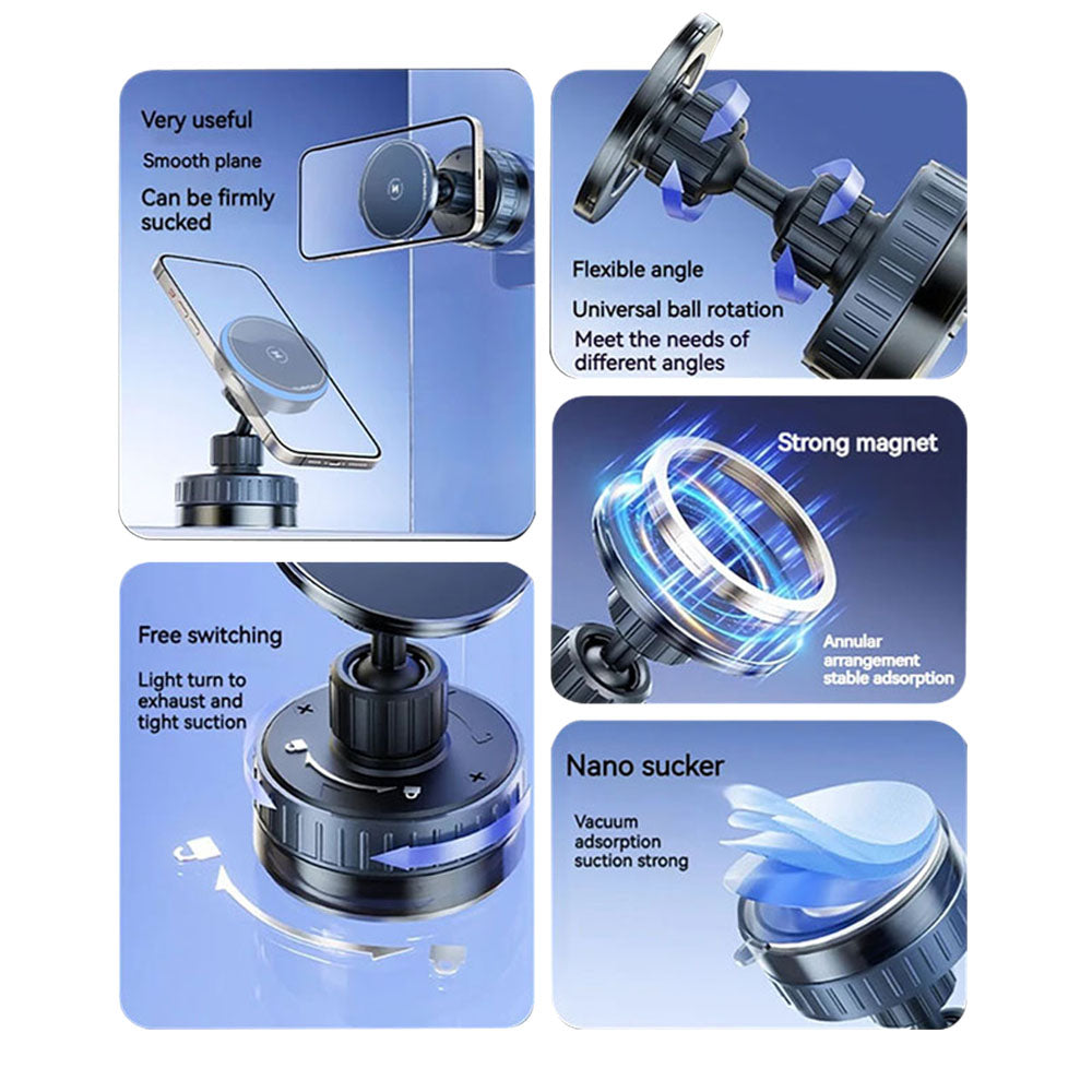 Suport Techsuit Premium with Wireless Charging (HOLD253), MagSafe N52 Magnets, Powerful Suction Cup, Dashboard, Negru