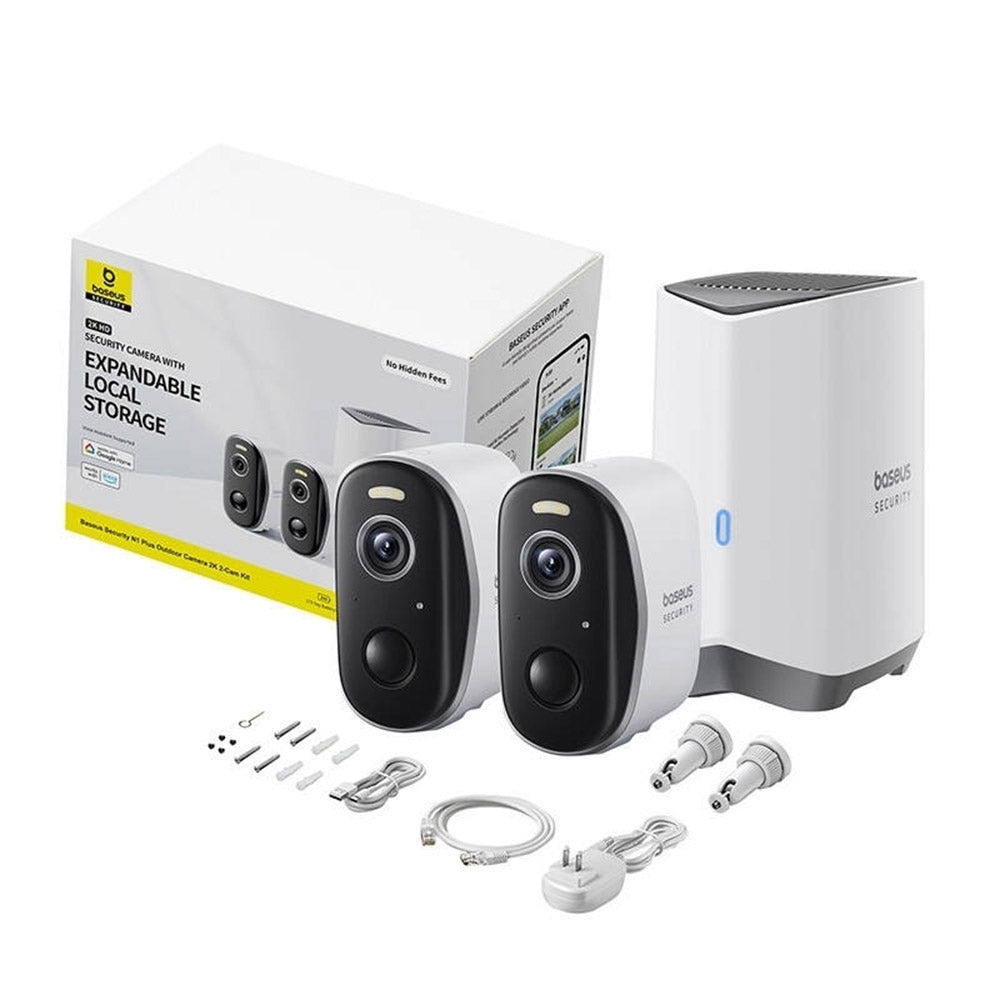 Baseus Outdoor Camera Security N1 Plus (S0TY002131), 2K, 16GB, 2 Camera Kit, Two-way Talk, Night Vision, IP67, Moon White