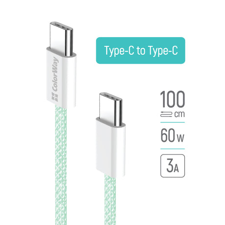 Cablu ColorWay (CW-CBPDCC061-G), for MacBook Pro, Type-C to Type-C, PD Fast Charging 60W, 3A, Nylon, 1m, Verde