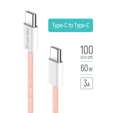 Cablu ColorWay (CW-CBPDCC061-P), for MacBook Pro, Type-C to Type-C, PD Fast Charging 60W, 3A, Nylon, 1m, Roz