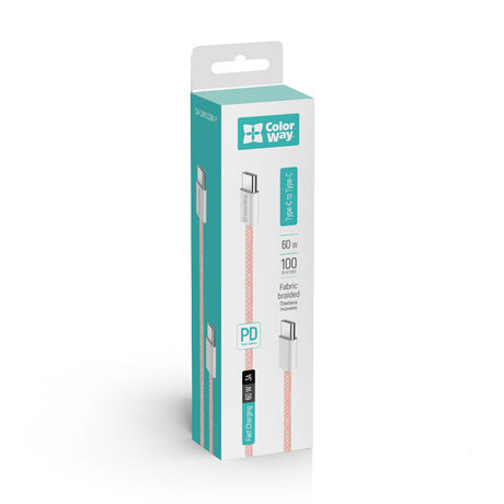Cablu ColorWay (CW-CBPDCC061-P), for MacBook Pro, Type-C to Type-C, PD Fast Charging 60W, 3A, Nylon, 1m, Roz