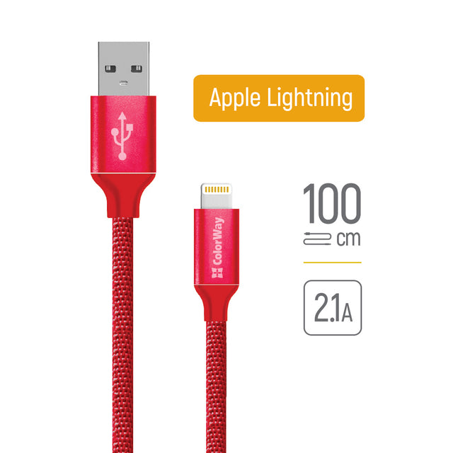 Cablu ColorWay (CW-CBUL004-RD), USB 2.0 to Apple Lightning, for Syncing & Charging, Nylon, 2.1A, 480Mbps, 1m, Rosu