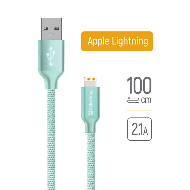 Cablu ColorWay (CW-CBUL004-MT), USB 2.0 to Apple Lightning, for Syncing & Charging, Nylon, 2.1A, 480Mbps, 1m, Menta