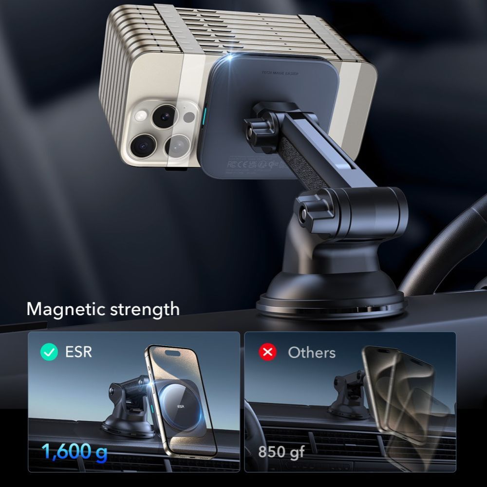 Suport ESR with Wireless Charging Qi2 HaloLock, with CryoBoost, MagSafe Compatible, 15W, for Dashboard, Negru