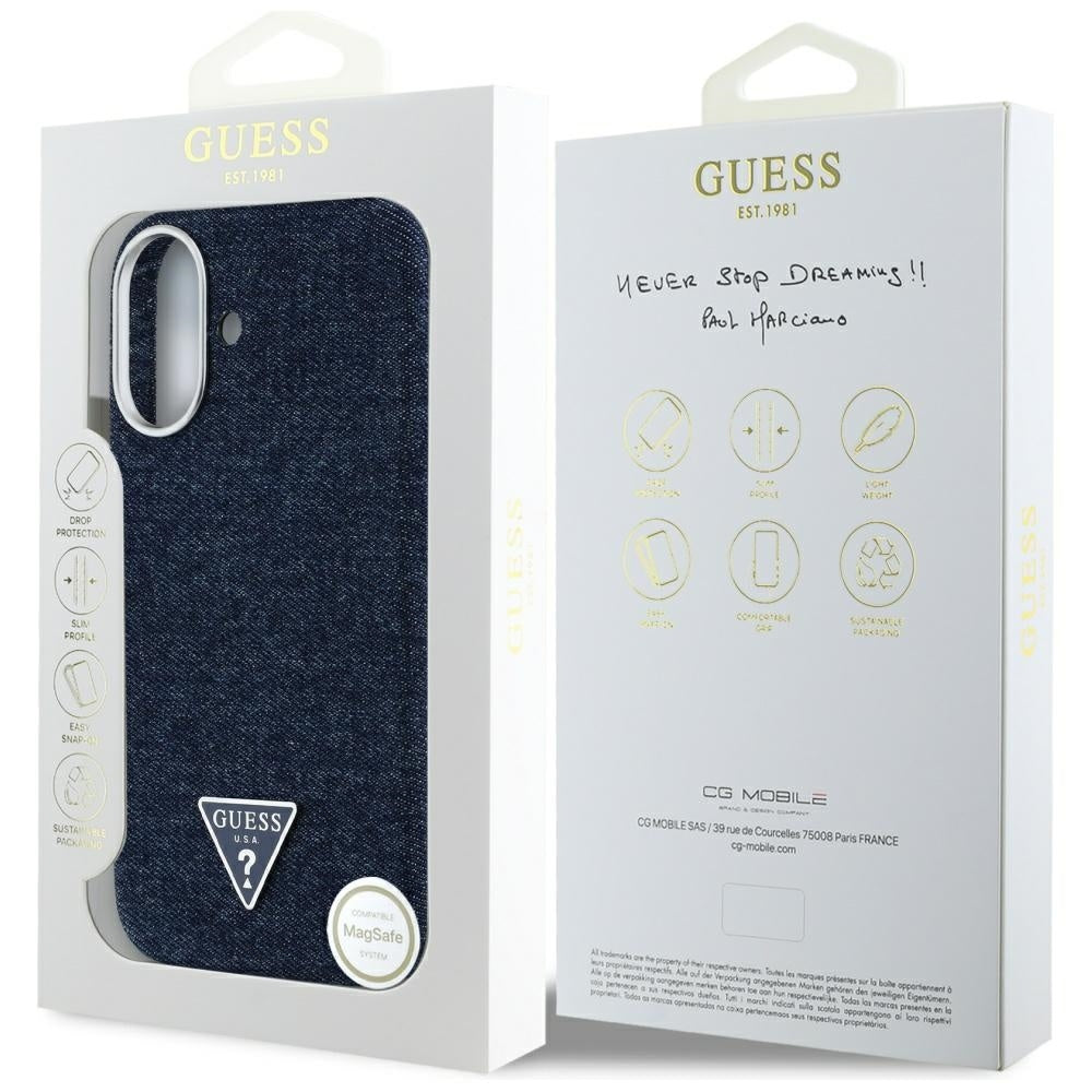 Husa de protectie Guess Denim Triangle Logo MagSafe (GUHMP16SRJFWTLB) compatibil cu iPhone 16, Albastru