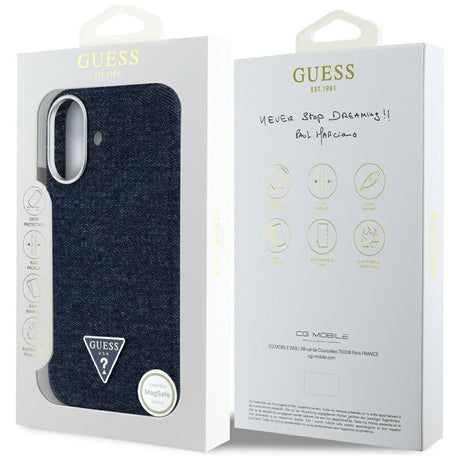 Husa de protectie Guess Denim Triangle Logo MagSafe (GUHMP16SRJFWTLB) compatibil cu iPhone 16, Albastru