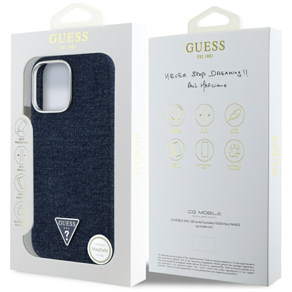 Husa de protectie Guess Denim Triangle Logo MagSafe (GUHMP16LRJFWTLB) compatibil cu iPhone 16 Pro, Albastru