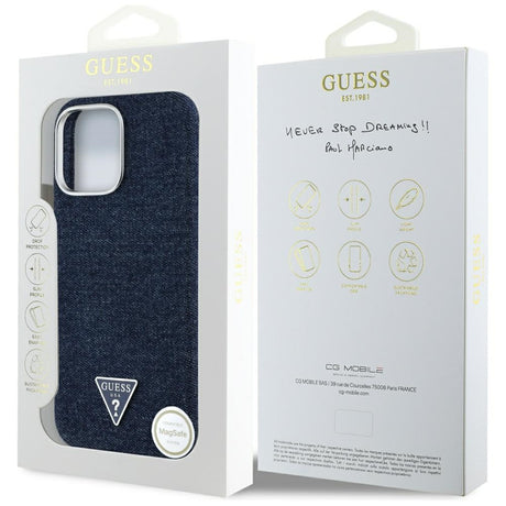 Husa de protectie Guess Denim Triangle Logo MagSafe (GUHMP16LRJFWTLB) compatibil cu iPhone 16 Pro, Albastru