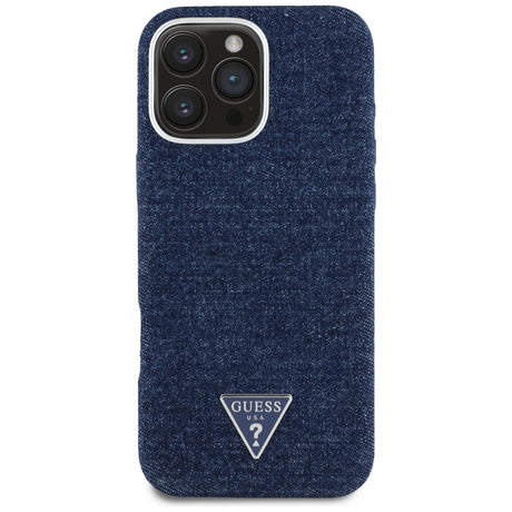 Husa de protectie Guess Denim Triangle Logo MagSafe (GUHMP16LRJFWTLB) compatibil cu iPhone 16 Pro, Albastru